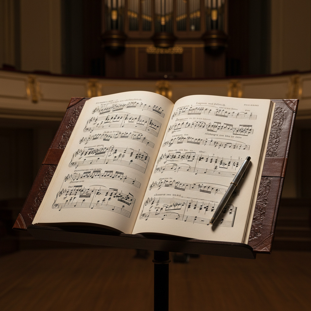 An open, leather-bound opera score resting on a dark, finely grained wooden music stand, the creamy paper pages filled with intricate black musical notation and precise German and Italian text markings. A slim silver fountain pen lies diagonally across the margin, hinting at careful interpretation. In the softly blurred background, a concert hall balcony and organ pipes are faintly visible. Warm, directional side lighting from an unseen lamp creates gentle highlights on the ink and subtle shadows between the pages’ slight ripples. The mood is contemplative and studious, evoking meticulous vocal preparation. Photographic realism, shot at a slight three-quarter angle with shallow depth of field, drawing the eye to the detailed notes and textures of paper, leather, and wood in a clean, sophisticated composition.