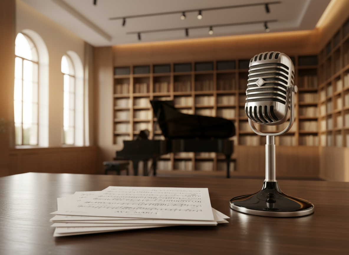 An elegant, vintage tabletop microphone with a brushed silver grille and glossy black base stands on a polished dark-wood surface in a refined rehearsal room. Beside it lies a neatly stacked set of printed soprano arias, the top sheet titled in graceful serif type, with penciled breath marks and dynamic indications visible. In the background, blurred shelves hold orderly rows of classical scores and a distant grand piano. Late-afternoon natural light filters through tall windows, mixing with subtle warm overhead lighting to create a soft, golden ambiance. Photographic realism, composed at eye level with the microphone placed on a rule-of-thirds intersection, shallow depth of field emphasizing the microphone and marked score, suggesting intimate vocal practice and professional artistry in a sophisticated, modern setting.