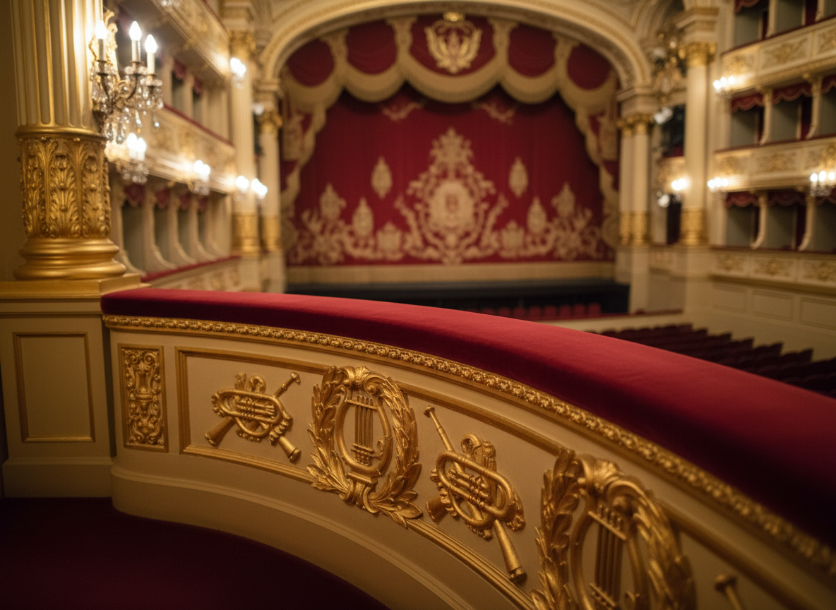 A close-up of an ornate opera house balcony interior, focusing on the rich architectural detail: carved gilded balustrades, deep red velvet rail padding, and intricate plaster reliefs with musical motifs. Crystal wall sconces cast warm, diffused light, creating luxurious reflections on the gold leaf and soft, velvety shadows in the recesses of the carvings. In the distance, the stage and main curtain appear softly blurred, hinting at a world-class performance space. The atmosphere is opulent, timeless, and dignified, emphasizing refined taste and classical tradition. Photographic realism, captured from a slightly upward, diagonal angle to enhance grandeur, with moderate depth of field to keep the foreground details crisp while allowing the theater’s scale and elegance to recede into a gentle bokeh.